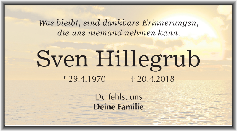  Traueranzeige für Sven Hillegrub vom 25.04.2018 aus Mitteldeutsche Zeitung Halle/Saalkreis