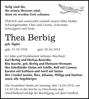 Traueranzeige von Thea Berbig von Mitteldeutsche Zeitung