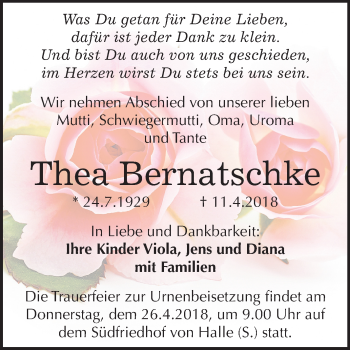 Traueranzeige von Thea Bernatschke von Mitteldeutsche Zeitung Halle/Saalkreis