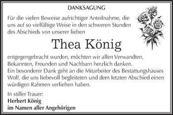 Traueranzeige von Thea König von WVG - Wochenspiegel NMB / WSF / ZTZ