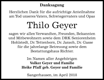 Traueranzeige von Thilo Geyer von Mitteldeutsche Zeitung Sangerhausen