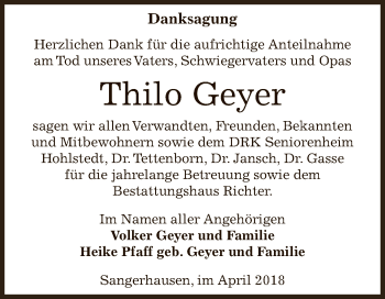 Traueranzeige von Thilo Geyer von Super Sonntag SGH Mansf. Land