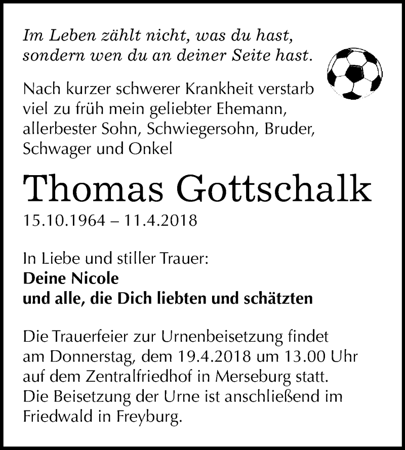  Traueranzeige für Thomas Gottschalk vom 18.04.2018 aus WVG - Wochenspiegel Merseburg