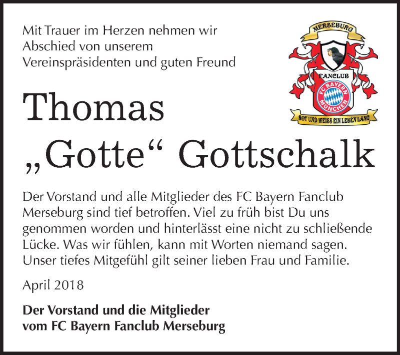  Traueranzeige für Thomas Gottschalk vom 21.04.2018 aus Mitteldeutsche Zeitung Merseburg/Querfurt