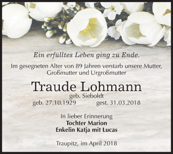 Traueranzeige von Traude Lohmann von Mitteldeutsche Zeitung Zeitz