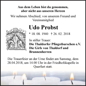 Traueranzeige von Udo Probst von WVG - Wochenspiegel Merseburg