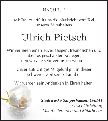 Traueranzeige von Ulrich Pietsch von Mitteldeutsche Zeitung Sangerhausen