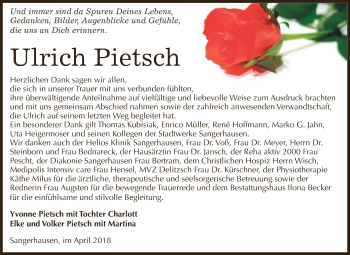 Traueranzeige von Ulrich Pietsch von Super Sonntag SGH Mansf. Land