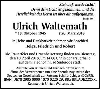 Traueranzeige von Ulrich Waltemath von Mitteldeutsche Zeitung Quedlinburg