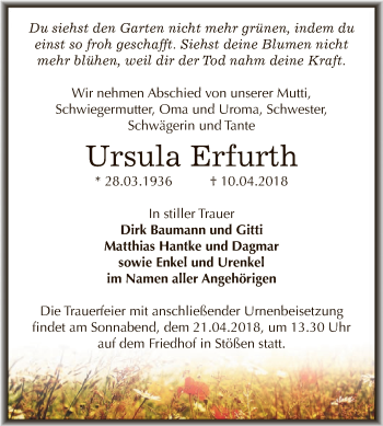 Traueranzeige von Ursula Erfurth von WVG - Wochenspiegel NMB / WSF / ZTZ