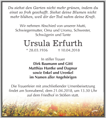 Traueranzeige von Ursula Erfurth von Mitteldeutsche Zeitung Weißenfels
