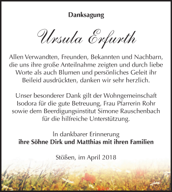Traueranzeige von Ursula Erfurth von Mitteldeutsche Zeitung Weißenfels