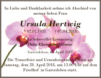 Traueranzeige von Ursula Hertwig von Super Sonntag Aschersleben
