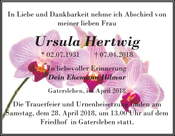 Traueranzeige von Ursula Hertwig von Mitteldeutsche Zeitung Aschersleben