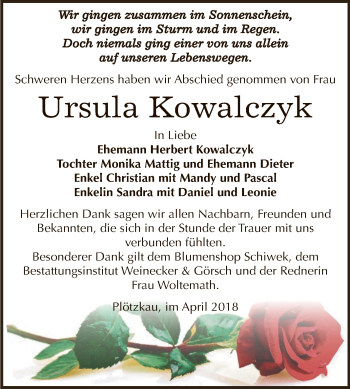 Traueranzeige von Ursula Kowalczyk von Super Sonntag Bernburg