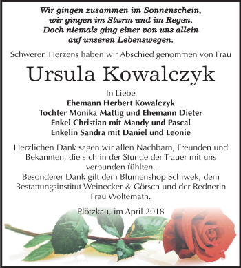 Traueranzeige von Ursula Kowalczyk von Mitteldeutsche Zeitung Bernburg