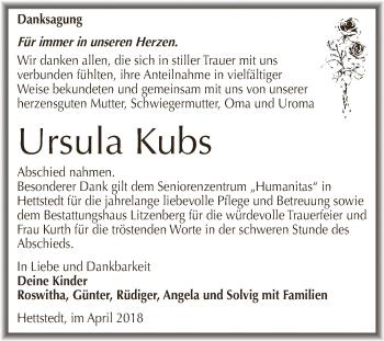 Traueranzeige von Ursula Kubs von Super Sonntag SGH Mansf. Land