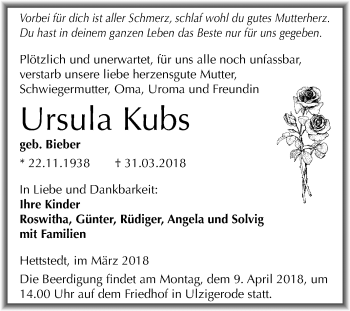 Traueranzeige von Ursula Kubs von Mitteldeutsche Zeitung