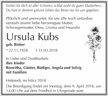 Traueranzeige von Ursula Kubs von Super Sonntag SGH Mansf. Land