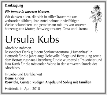 Traueranzeige von Ursula Kubs von Mitteldeutsche Zeitung