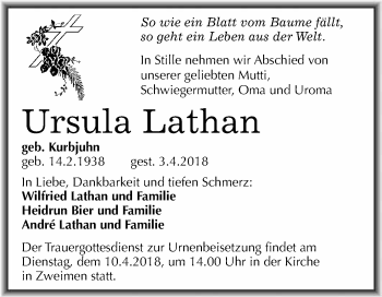 Traueranzeige von Ursula Lathan von WVG - Wochenspiegel Merseburg