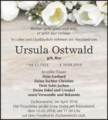 Traueranzeige von Ursula Ostwald von WVG - Wochenspiegel Wittenberg