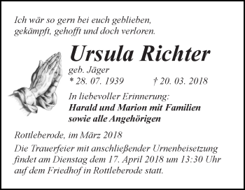 Traueranzeige von Ursula Richter von Super Sonntag SGH Mansf. Land