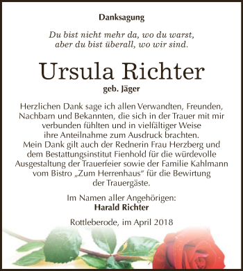 Traueranzeige von Ursula Richter von Super Sonntag SGH Mansf. Land