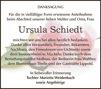 Traueranzeige von Ursula Schiedt von WVG - Wochenspiegel NMB / WSF / ZTZ
