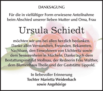 Traueranzeige von Ursula Schiedt von Mitteldeutsche Zeitung Weißenfels