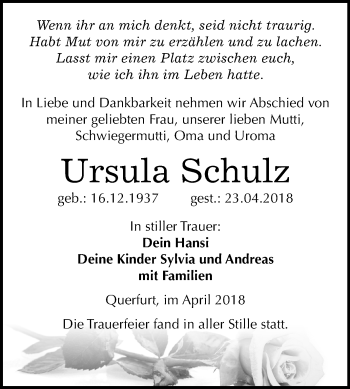 Traueranzeige von Ursula Schulz von Mitteldeutsche Zeitung Merseburg/Querfurt