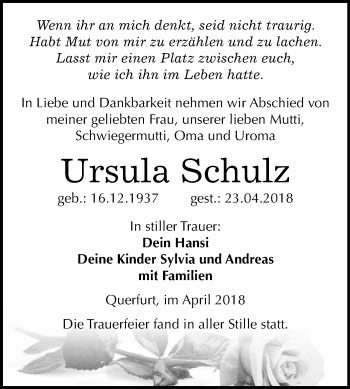 Traueranzeige von Ursula Schulz von WVG - Wochenspiegel Merseburg