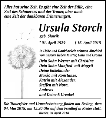 Traueranzeige von Ursula Storch von WVG - Wochenspiegel Quedlinburg