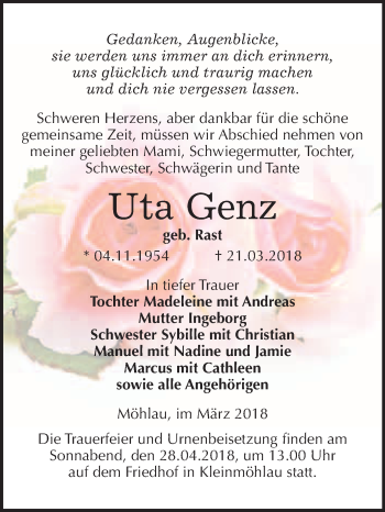 Traueranzeige von Uta Genz von WVG - Wochenspiegel Wittenberg