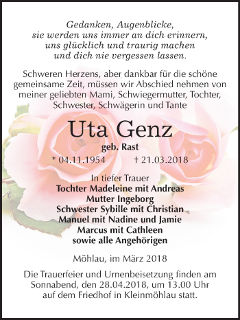 Traueranzeige von Uta Genz von Mitteldeutsche Zeitung