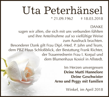 Traueranzeige von Uta Peterhänsel von Super Sonntag SGH Mansf. Land
