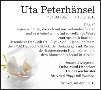 Traueranzeige von Uta Peterhänsel von Mitteldeutsche Zeitung Sangerhausen
