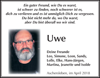 Traueranzeige von Uwe  von Mitteldeutsche Zeitung Aschersleben