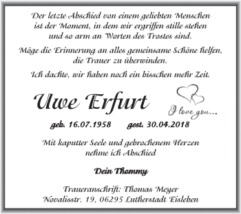 Traueranzeige von Uwe Erfurt von Wochenspiegel Mansfelder Land