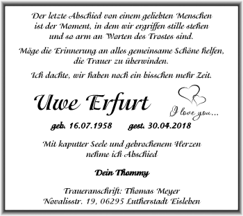 Traueranzeige von Uwe Erfurt von Mitteldeutsche Zeitung