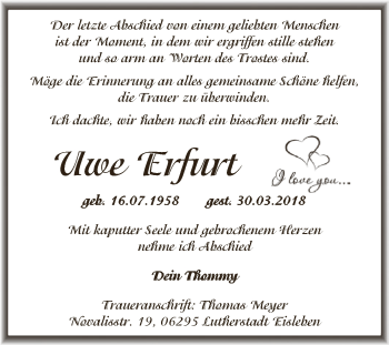Traueranzeige von Uwe Erfurt von Super Sonntag SGH Mansf. Land