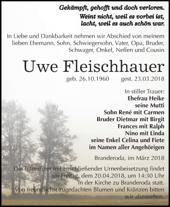 Traueranzeige von Uwe Fleischhauer von Mitteldeutsche Zeitung Merseburg/Querfurt