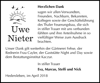 Traueranzeige von Uwe Nieter von Mitteldeutsche Zeitung Quedlinburg