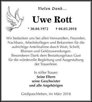 Traueranzeige von Uwe Rott von WVG - Wochenspiegel Dessau / Köthen