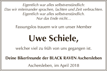 Traueranzeige von Uwe Schiele von Super Sonntag Aschersleben