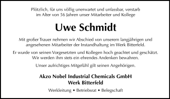 Traueranzeige von Uwe Schmidt von Mitteldeutsche Zeitung Bitterfeld