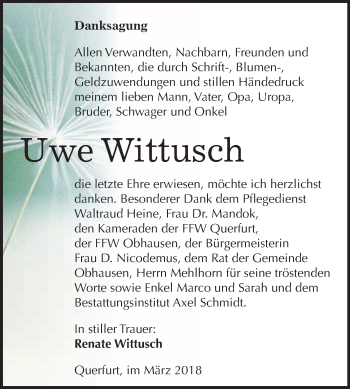 Traueranzeige von Uwe Wittusch von WVG - Wochenspiegel Merseburg