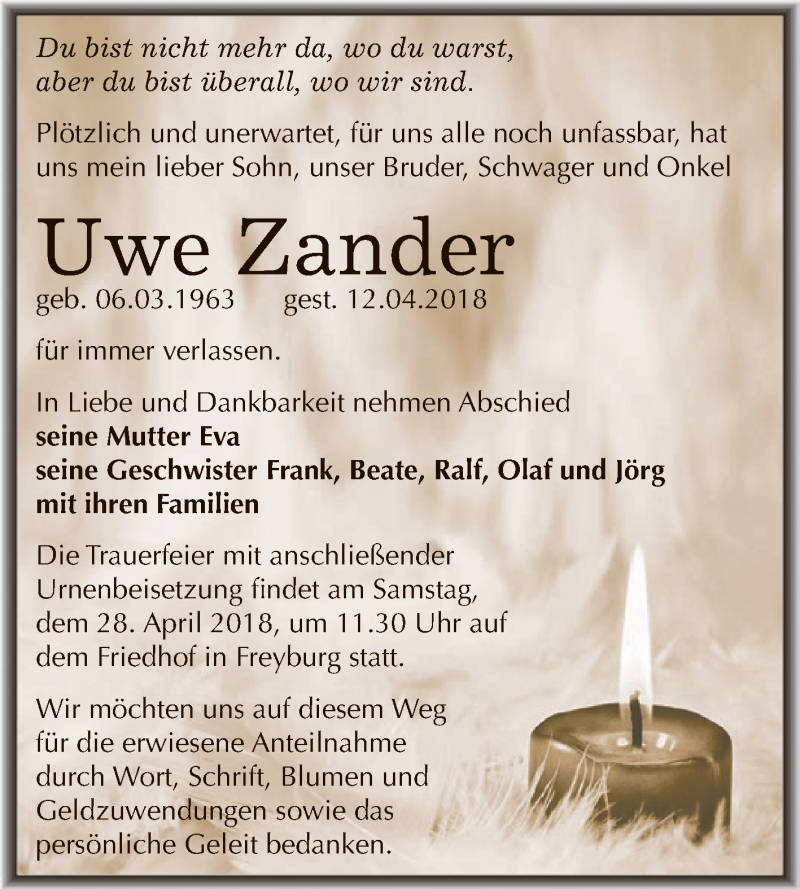  Traueranzeige für Uwe Zander vom 18.04.2018 aus WVG - Wochenspiegel NMB / WSF / ZTZ