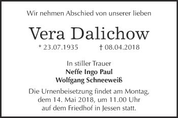 Traueranzeige von Vera Dalichow von WVG - Wochenspiegel Wittenberg