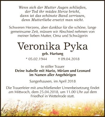 Traueranzeige von Veronika Pyka von Super Sonntag SGH Mansf. Land